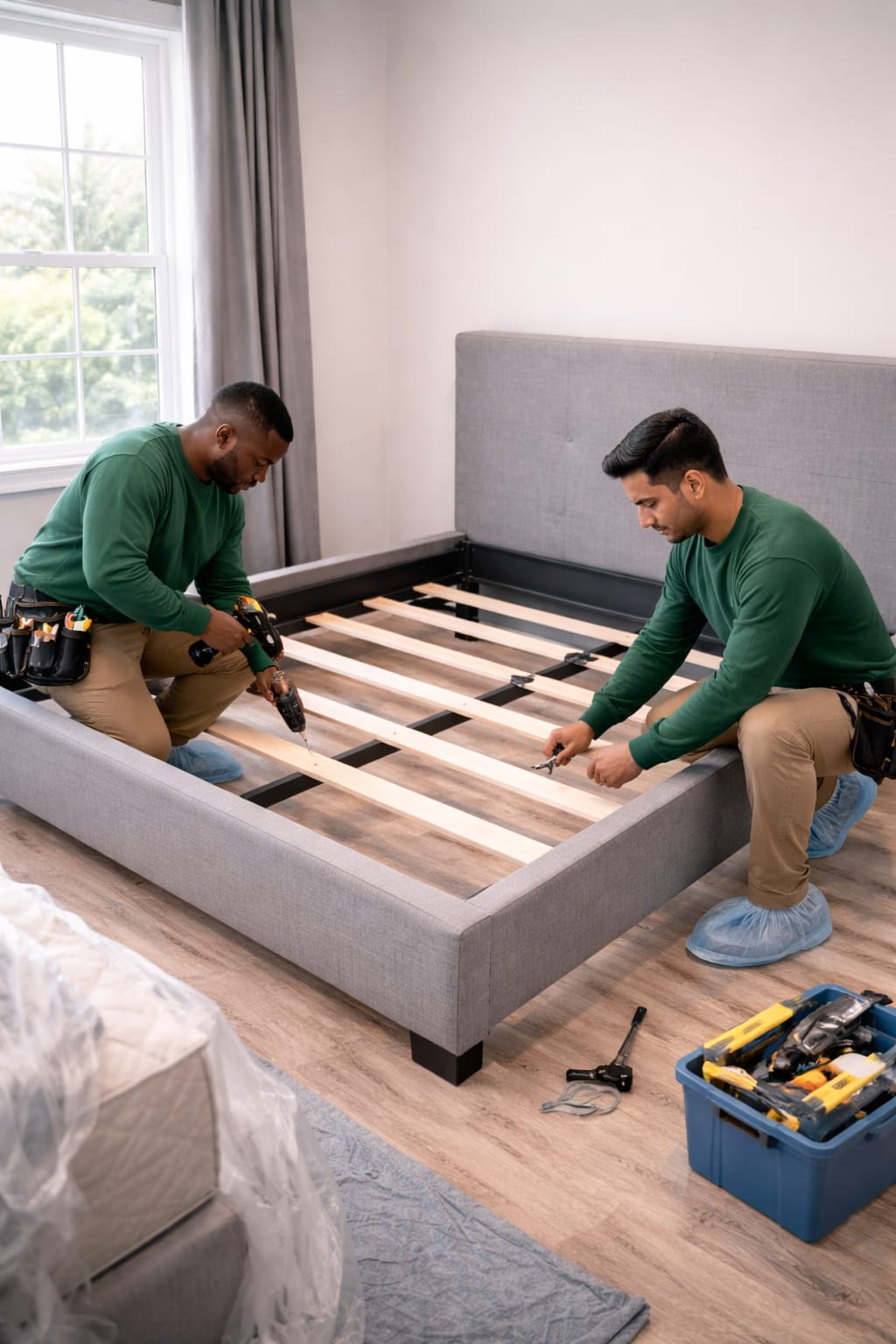 A to Z Removals team dismantling a bed frame at collection