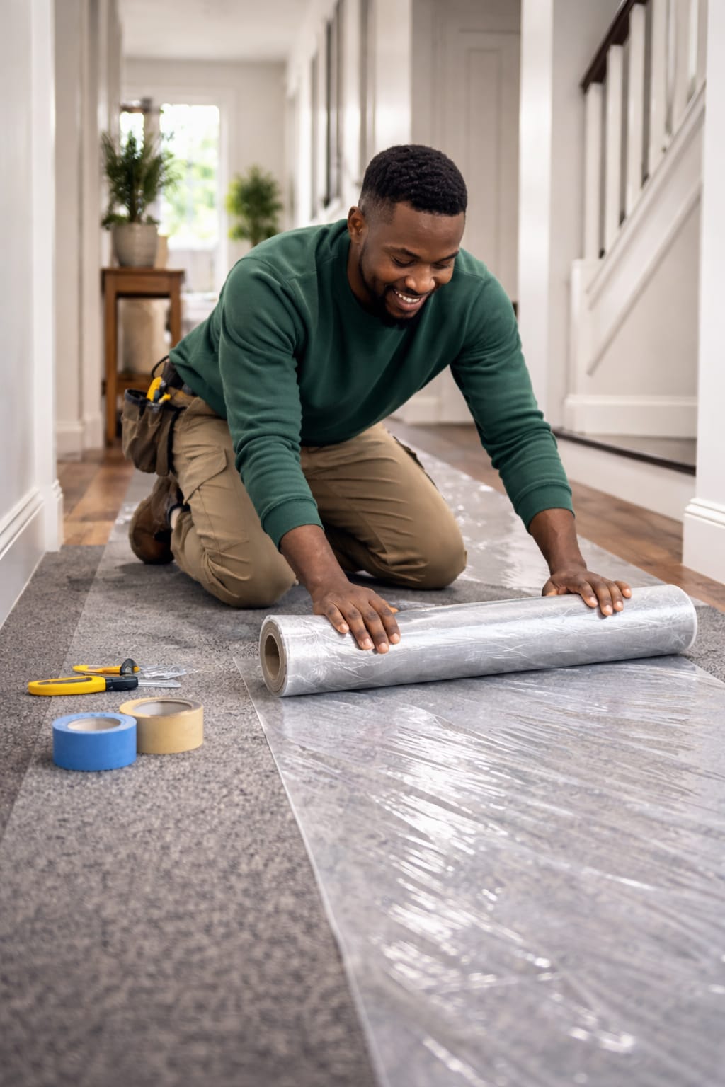 A to Z Removals Care Plus — rolling out floor protection film along a hallway carpet