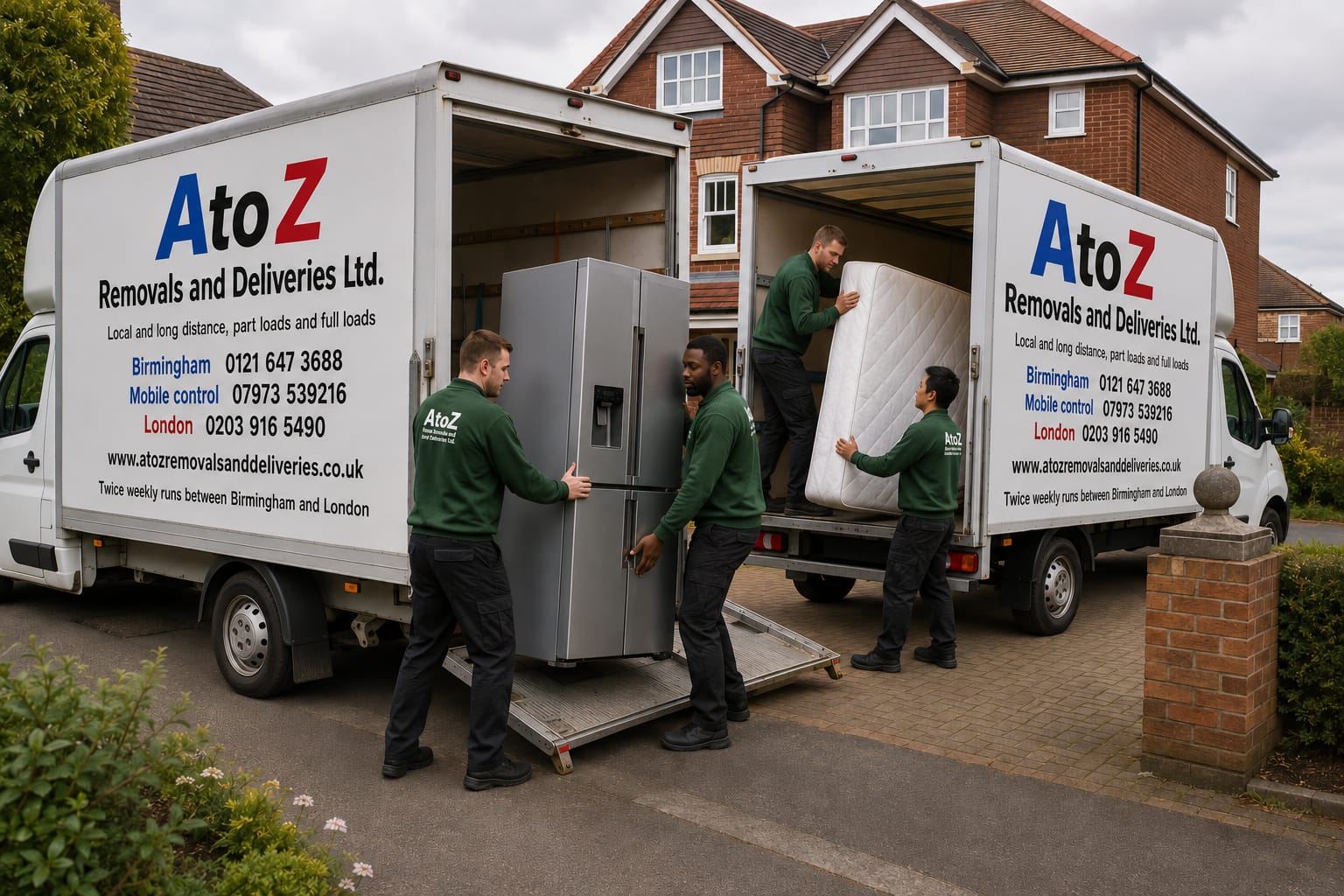 A to Z Removals crew loading a fridge and mattress into two branded Luton vans outside a house — full house removals service
