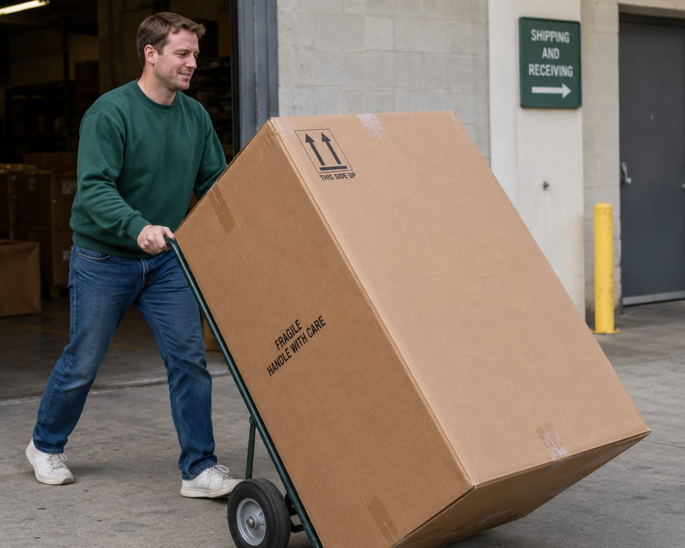 A to Z Removals driver wheeling a fragile, handle-with-care box on a sack truck at a warehouse shipping bay