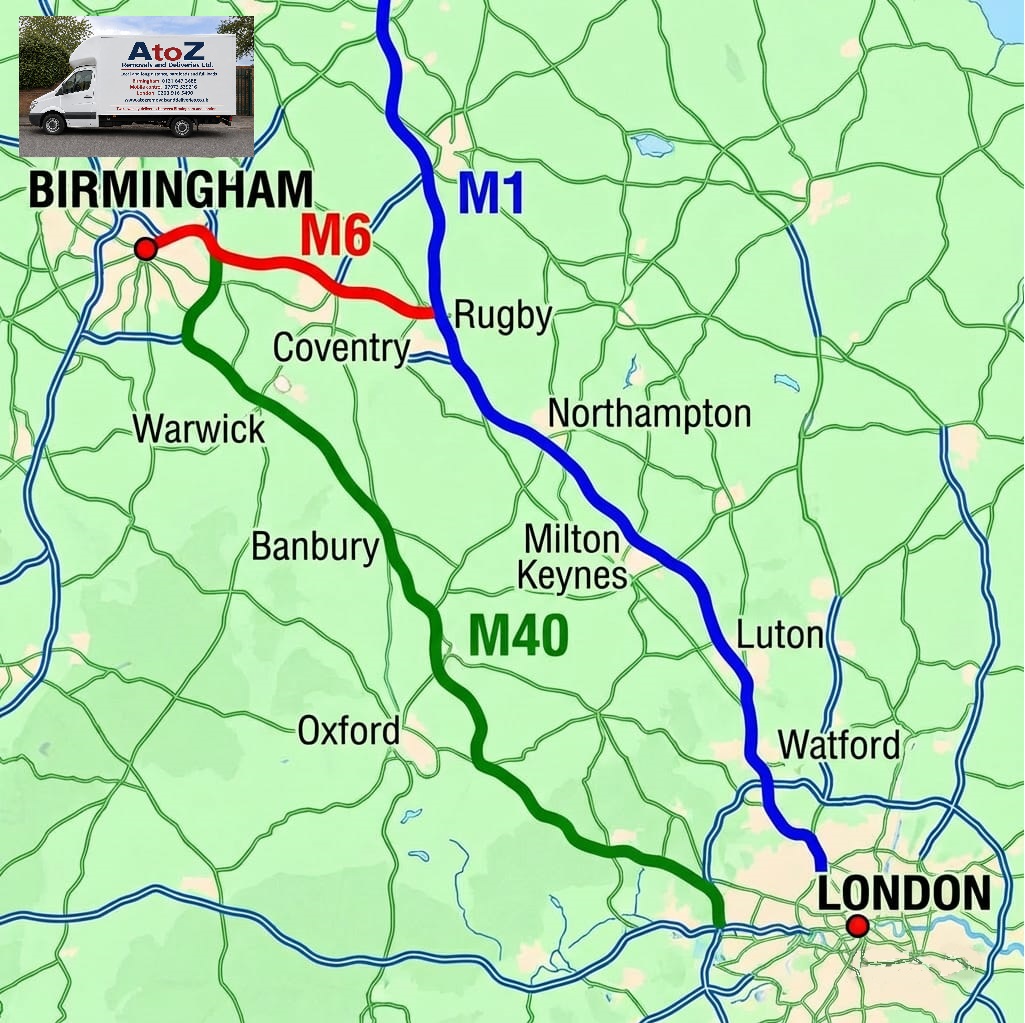 A to Z Removals London Groupage route map — weekly shared part-loads between Birmingham and London via M1, M6 and M40 (Coventry, Rugby, Northampton, Milton Keynes, Banbury, Oxford, Luton, Watford)