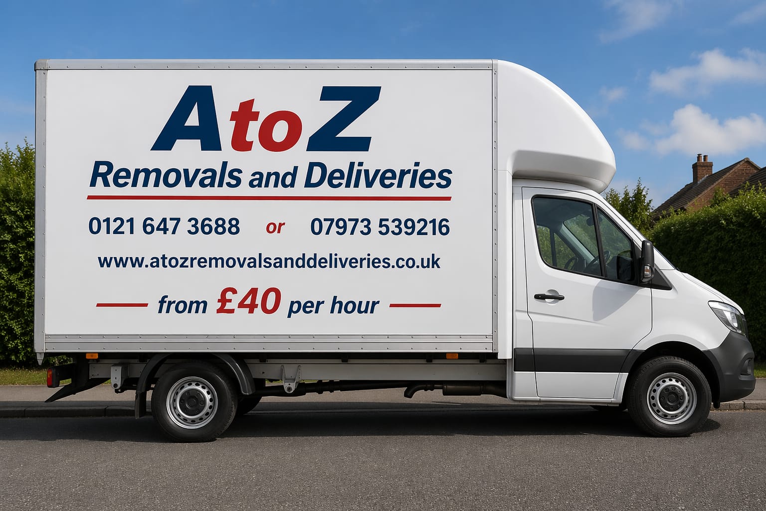 A to Z Removals branded Luton box van, man and van service across Sutton Coldfield