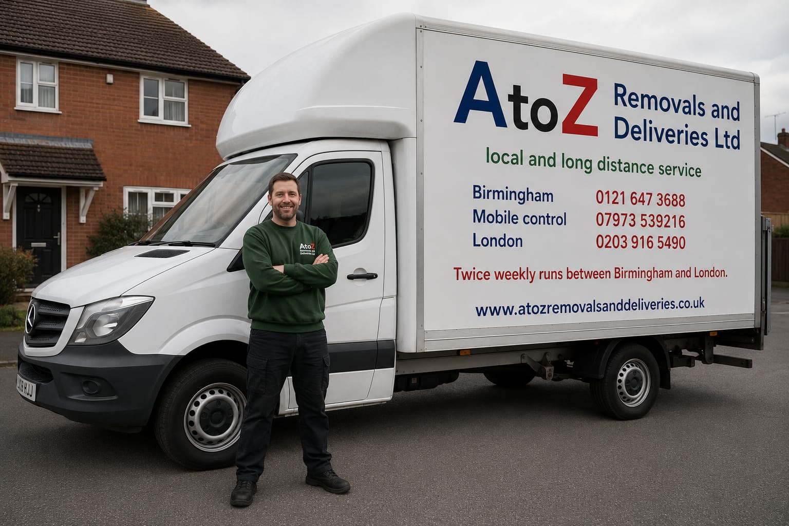 A to Z Removals friendly man-and-van driver beside branded Luton van — Birmingham & London hourly service
