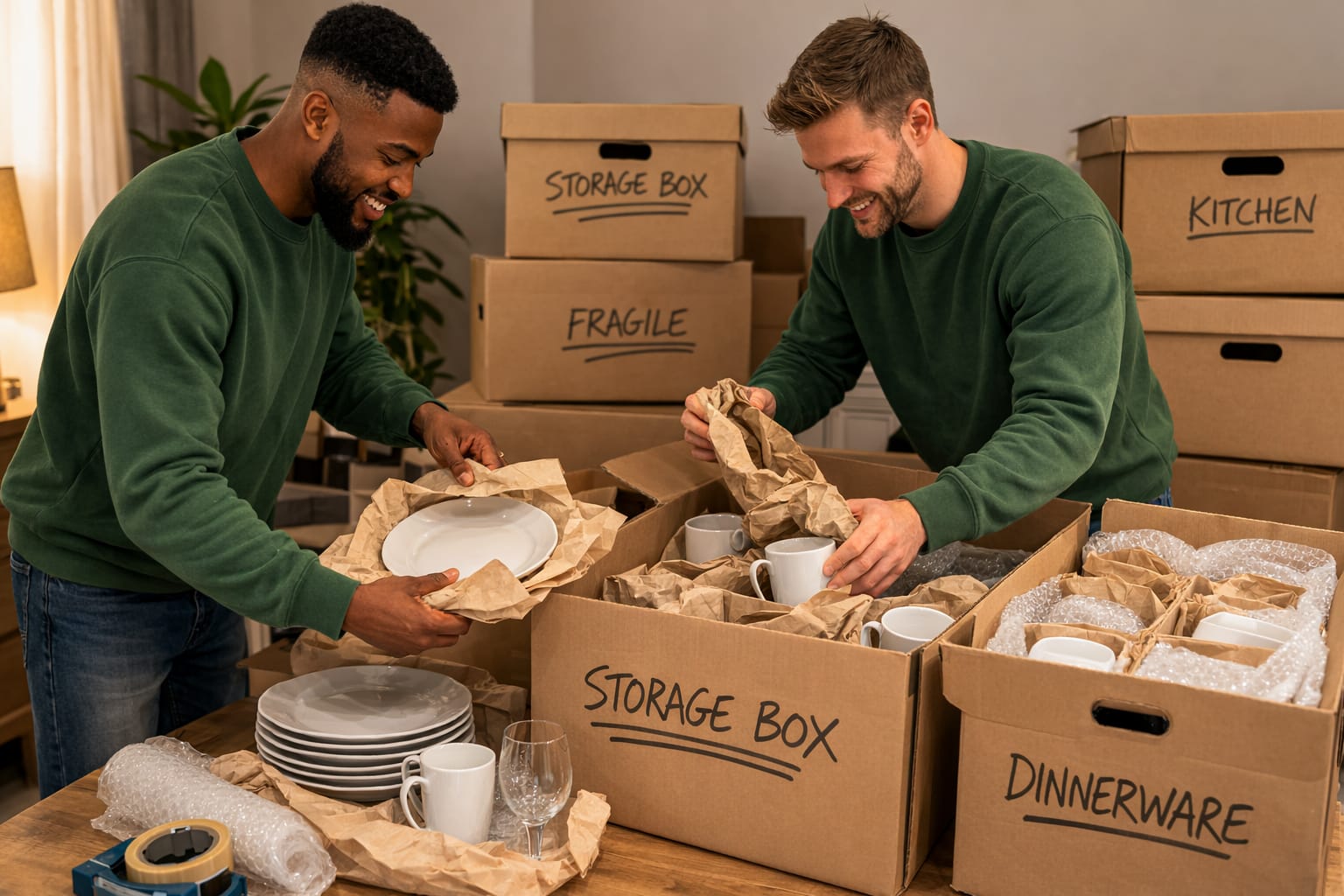 A to Z Removals packing service — wrapping fragile dinnerware and boxing up kitchen items