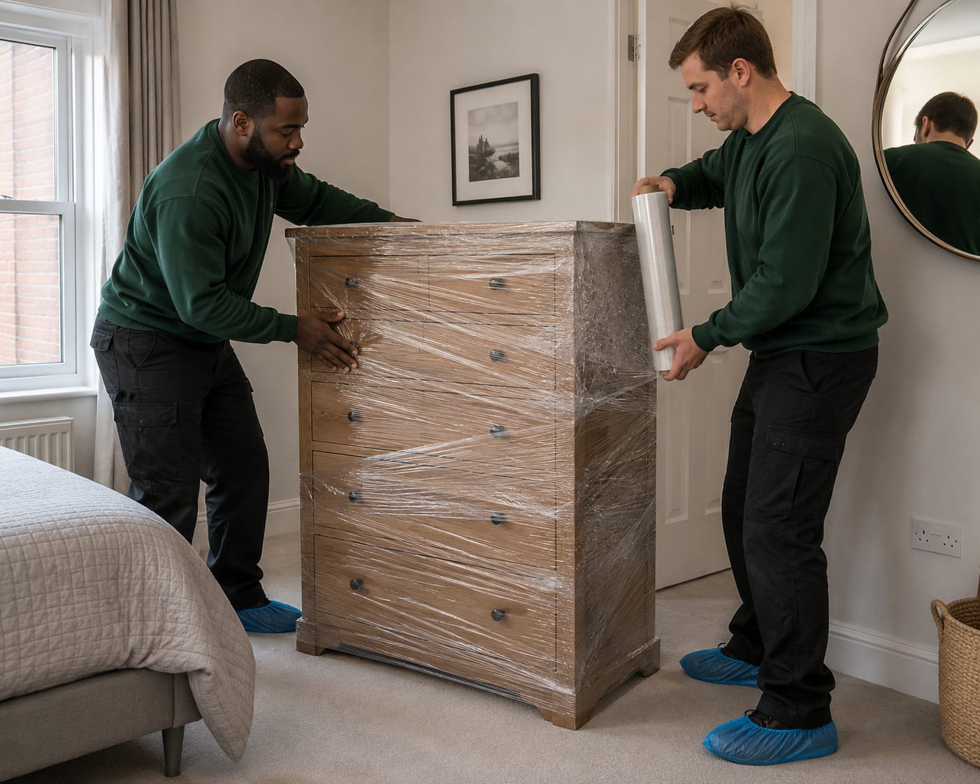 A to Z Removals crew stretch-wrapping a chest of drawers in a customer's bedroom before transport